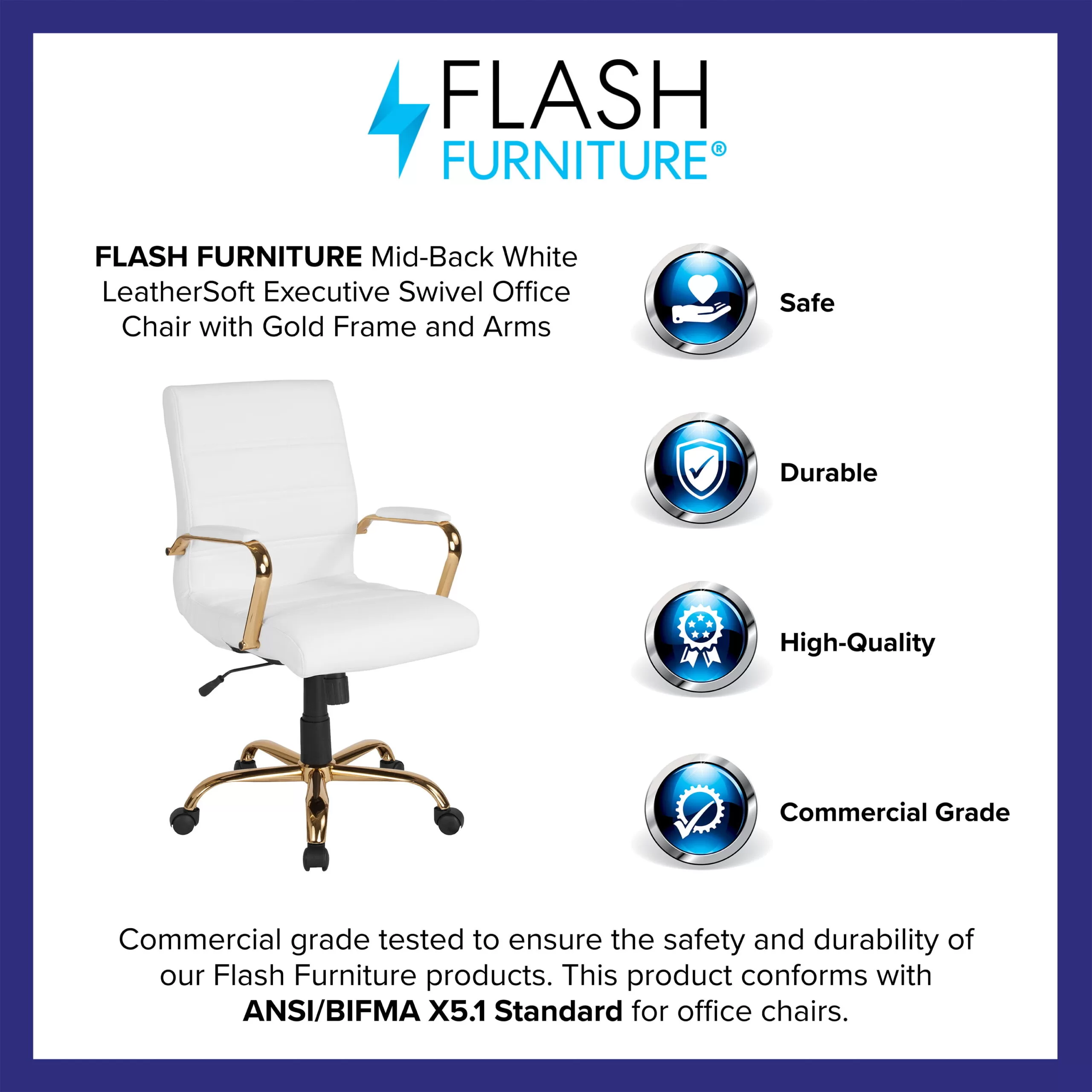 Flash Furniture Mid-Back White LeatherSoft Executive Swivel Office Chair with Gold Frame and Arms