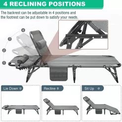 Slsy Folding Sleeping Cots Bed with 2 Sided Mattress & Pillow, Folding Camping Cot, Adjustable 4-Position Folding Lounge Chair