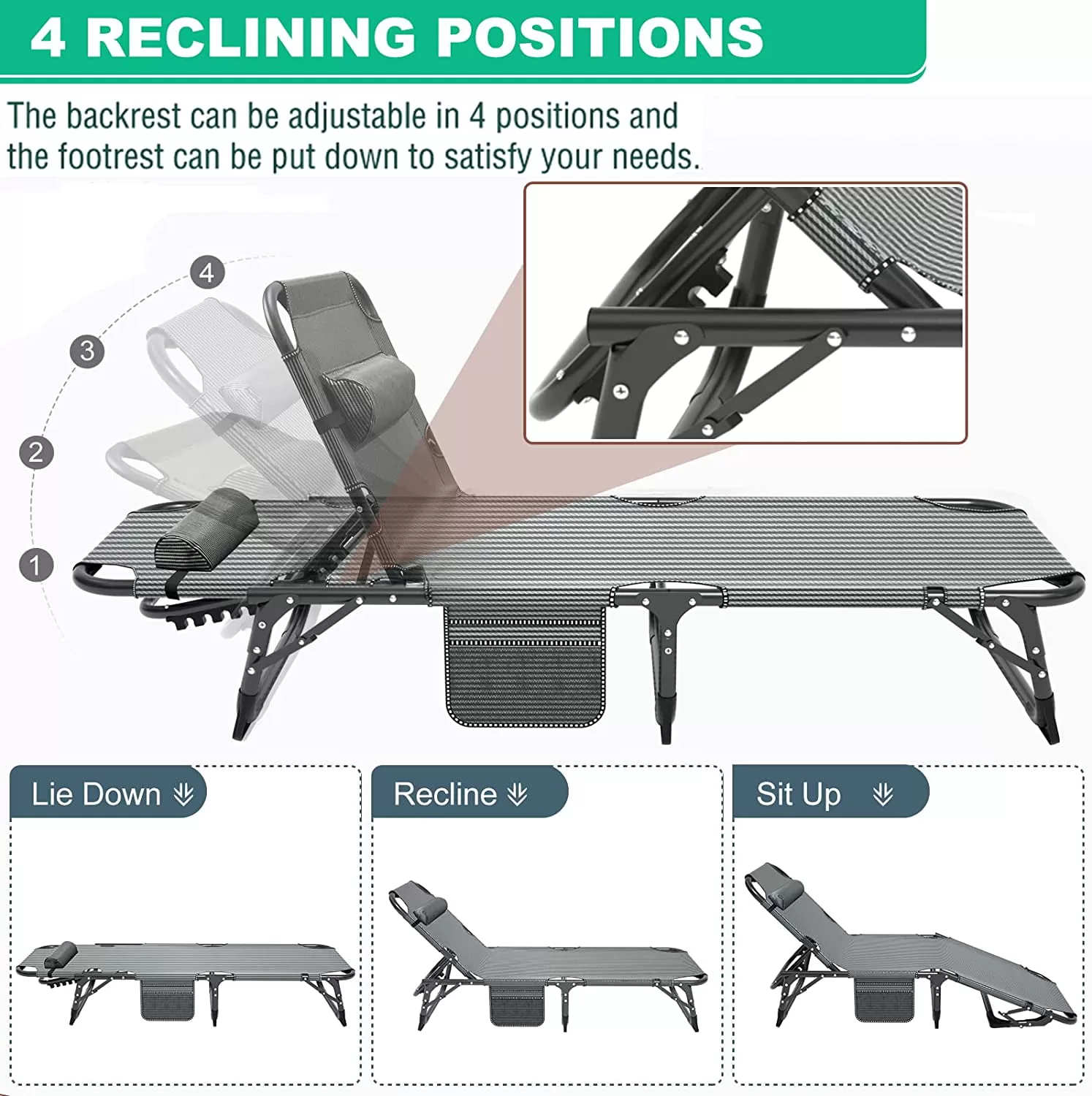 Slsy Folding Sleeping Cots Bed with 2 Sided Mattress & Pillow, Folding Camping Cot, Adjustable 4-Position Folding Lounge Chair