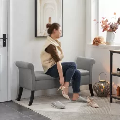 SmileMart Button Tufted Ottoman Storage Bench with Rolled Arms, Light Gray Fabric