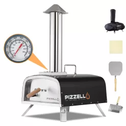 PIZZELLO Pellet Pizza Oven 12" Outdoor Wood Fired Pizza Ovens with Pizza Stone, Pizza Peel, Fold-up Legs, Cover, Thermometer, Chimney - Black