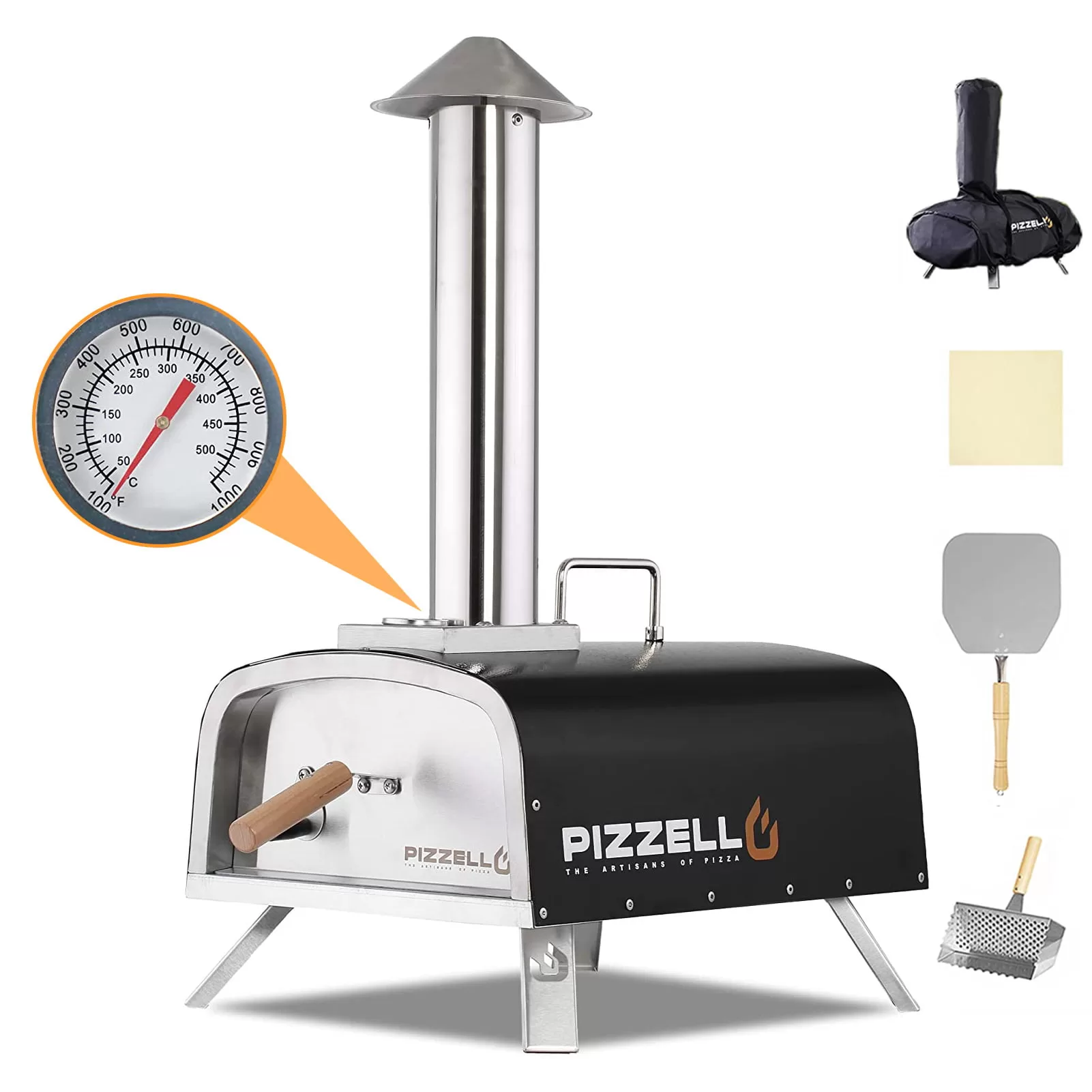 PIZZELLO Pellet Pizza Oven 12" Outdoor Wood Fired Pizza Ovens with Pizza Stone, Pizza Peel, Fold-up Legs, Cover, Thermometer, Chimney - Black
