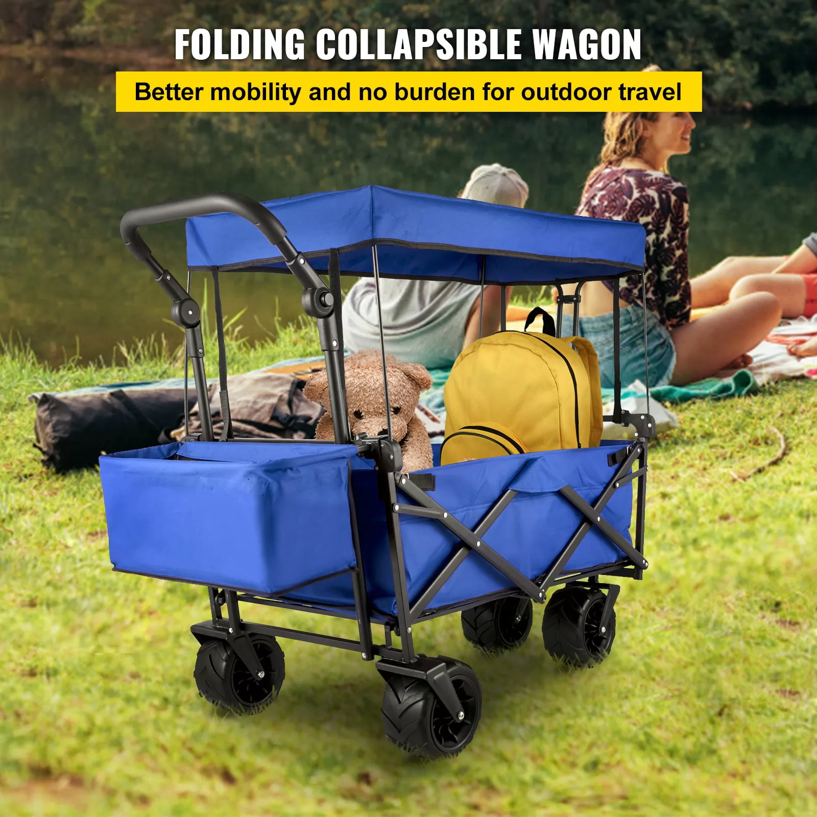 VEVORbrand Collapsible Wagon Cart Blue, Removable Canopy 600D Oxford Cloth, Portable Folding Wagon Adjustable Handles