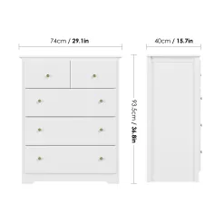 Homfa Horizontal Dresser, Modern Dresser of 5 Drawers, Dresser Chest with Easy Pull Handle for Bedroom, White Finish