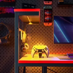 Bestier Reversible 44 inch Computer Desk with LED Lights Gaming Desk , 4 Tier Shelves Carbon Fiber