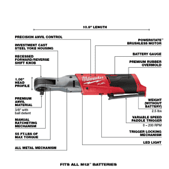 Milwaukee 2554-20-2557-20-48-11-2412 M12 FUEL 12V Lithium-Ion Brushless Cordless Stubby 3/8 in. Impact Wrench & 3/8 in. Ratchet with two 3.0 Ah Batteries