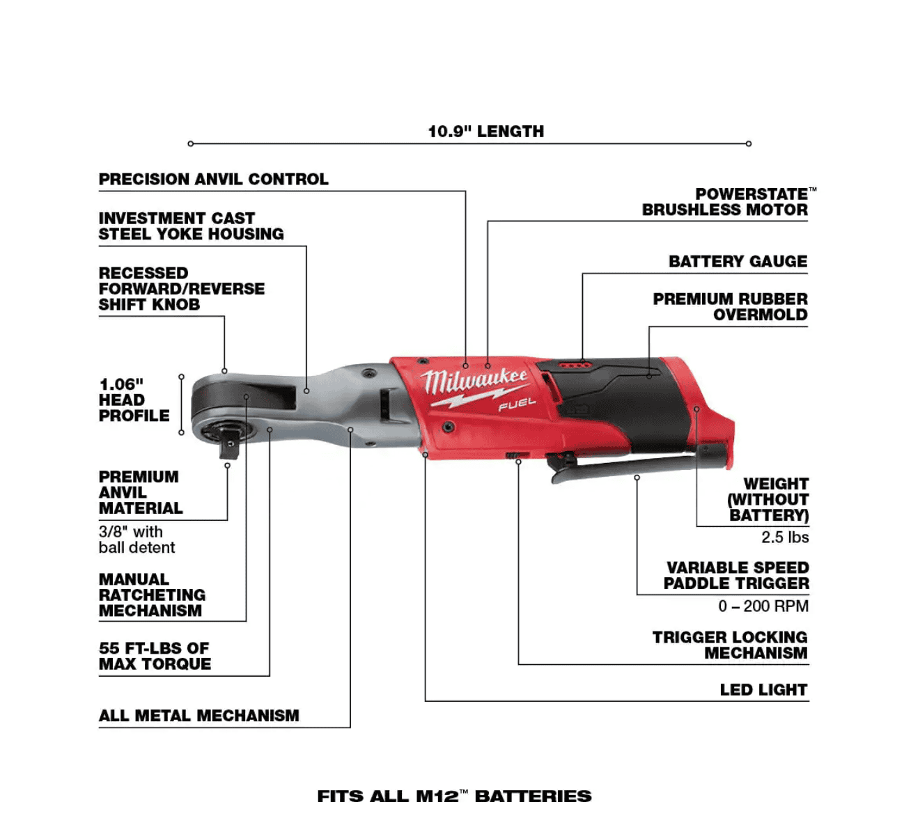 Milwaukee 2554-20-2557-20-48-11-2412 M12 FUEL 12V Lithium-Ion Brushless Cordless Stubby 3/8 in. Impact Wrench & 3/8 in. Ratchet with two 3.0 Ah Batteries