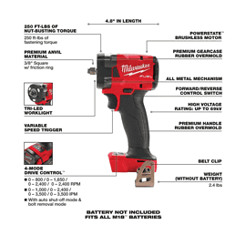 Milwaukee 2962-20-2854-20 M18 Impact Wrench Gen-2 18-Volt Li-Ion Cordless Mid Torque w/Friction Ring