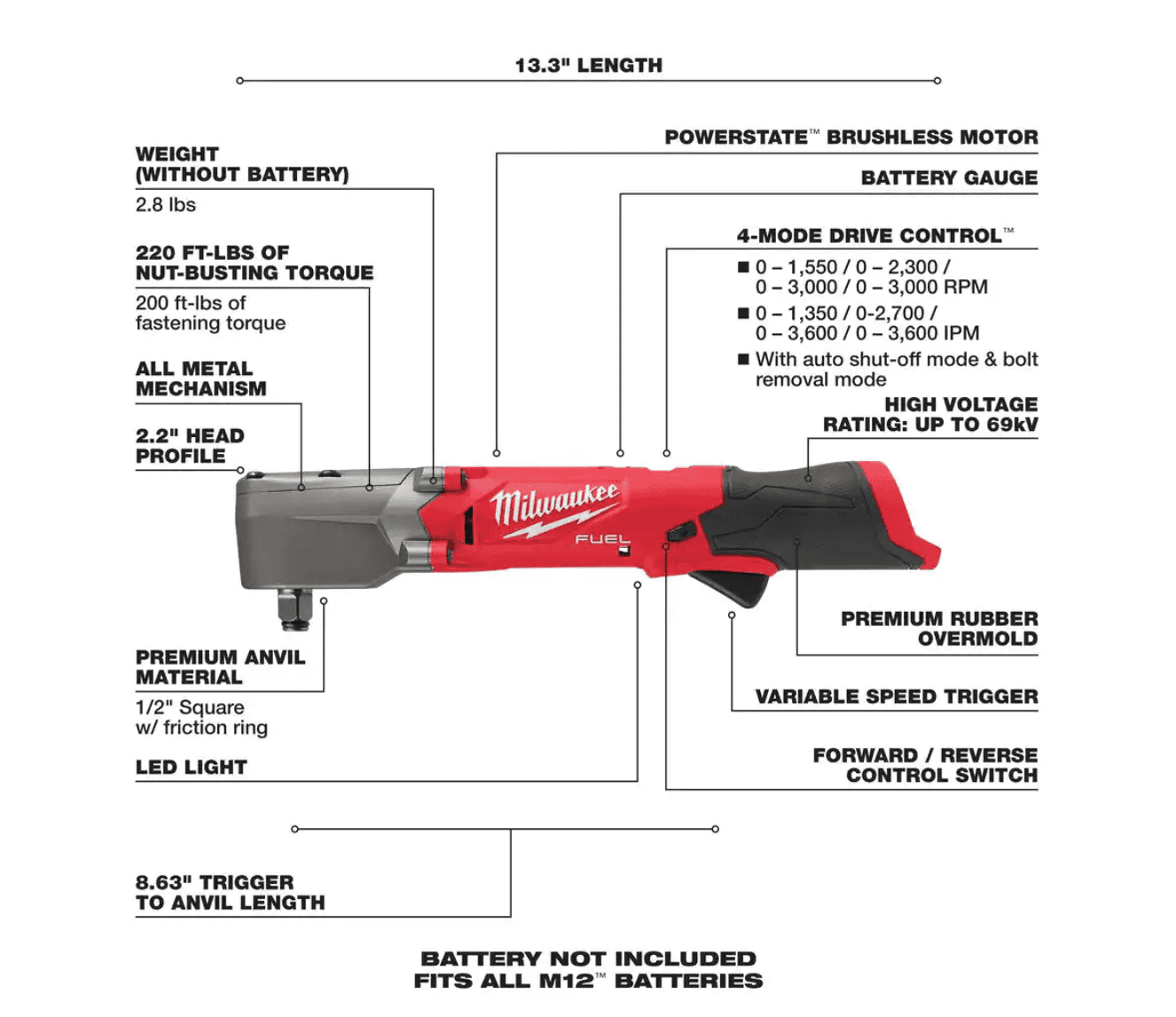Milwaukee 2564-20-2565-20 M12 FUEL 12V Lithium-Ion Brushless Cordless 3/8 in. and 1/2 in. Right Angle Impact Wrenches Set (2-Tool)