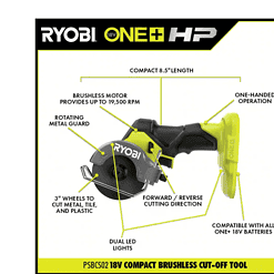 RYOBI PSBCK01K-PSBCS02B ONE+ HP 18V Brushless Cordless Compact 1/2 in. Drill/Driver, Impact Driver, Cut-Off Tool, (2) Batteries, Charger, Bag