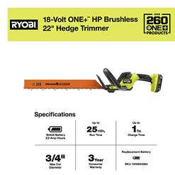 RYOBI P2680VNM ONE+ HP 18V Brushless 22 in. Cordless Battery Hedge Trimmer with 2.0 Ah Battery and Charger