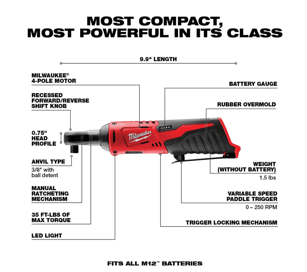 Milwaukee 2551-22-2457-20 M12 FUEL SURGE 12V Lithium-Ion Brushless Cordless 1/4 in. Hex Impact Driver Compact Kit w/ M12 3/8 in. Ratchet