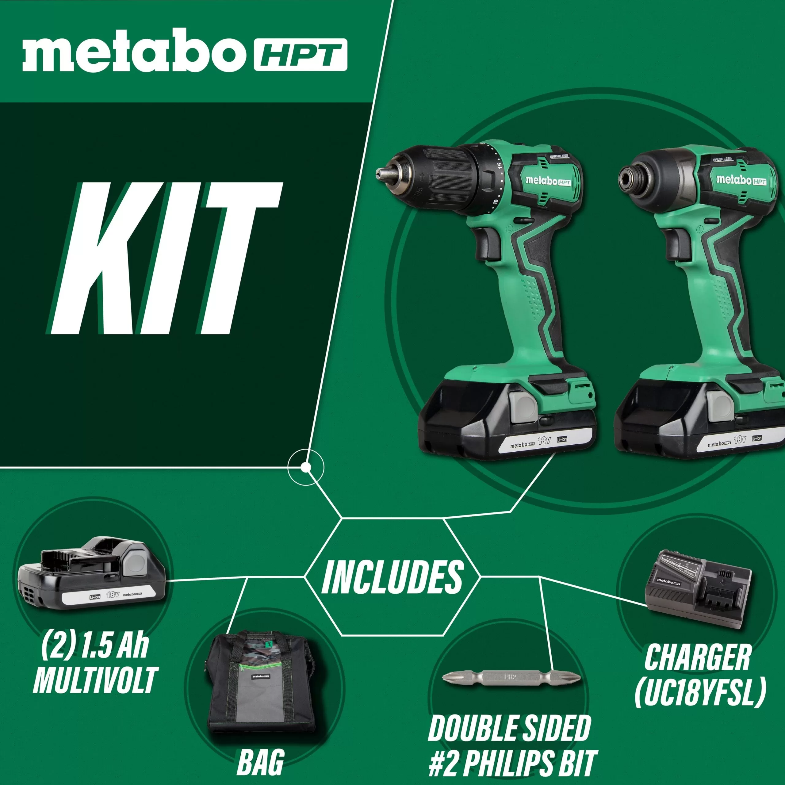 Metabo HPT MultiVolt 2-Tool 18-volt Brushless Power Tool Combo Kit with Soft Case (2 Li-ion Batteries Included and Charger Included) - Image 2