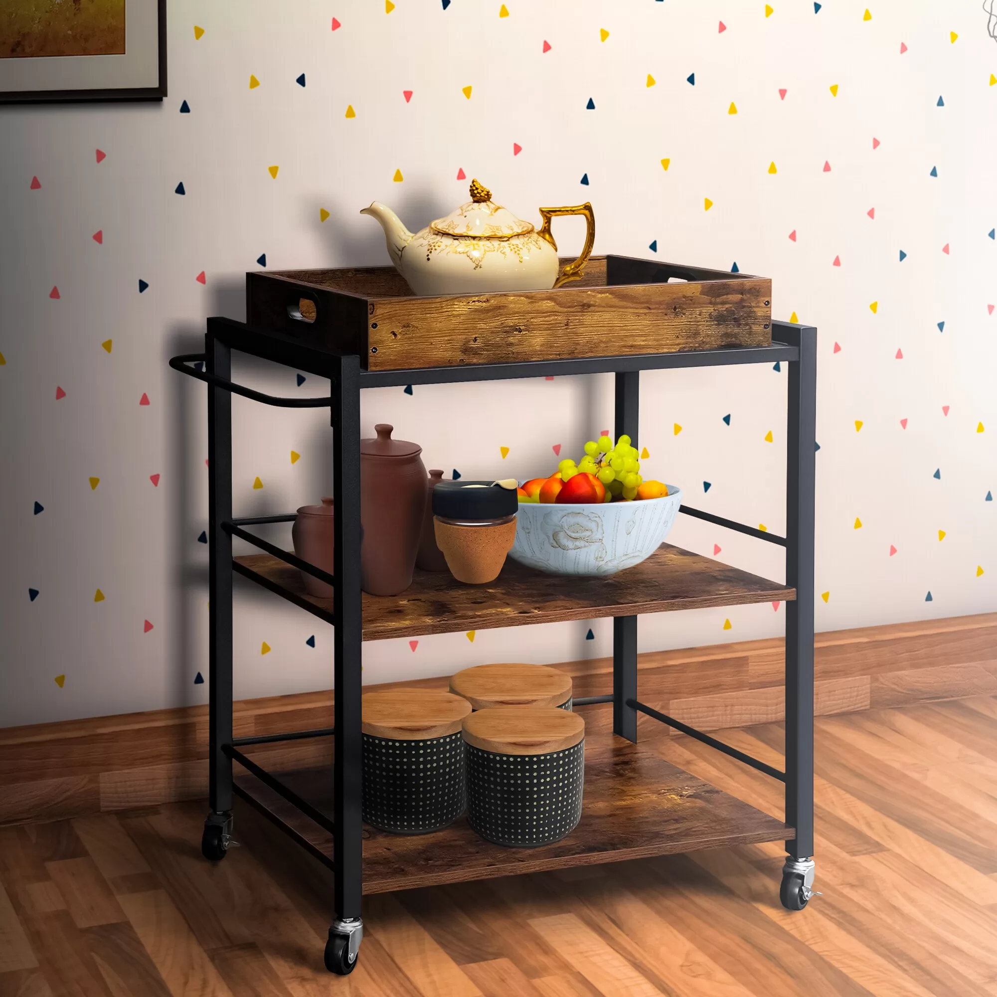 Benzara Brown Wood Base with Wood Top Rolling Kitchen Cart (15.7-in x 25.6-in x 33.9-in) - Image 6
