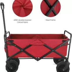 BAHOM Folding Collapsible Outdoor Utility Wagon Cart, Heavy Duty Garden Cart with All-Terrain Wheels and Carrying Bag ,Red