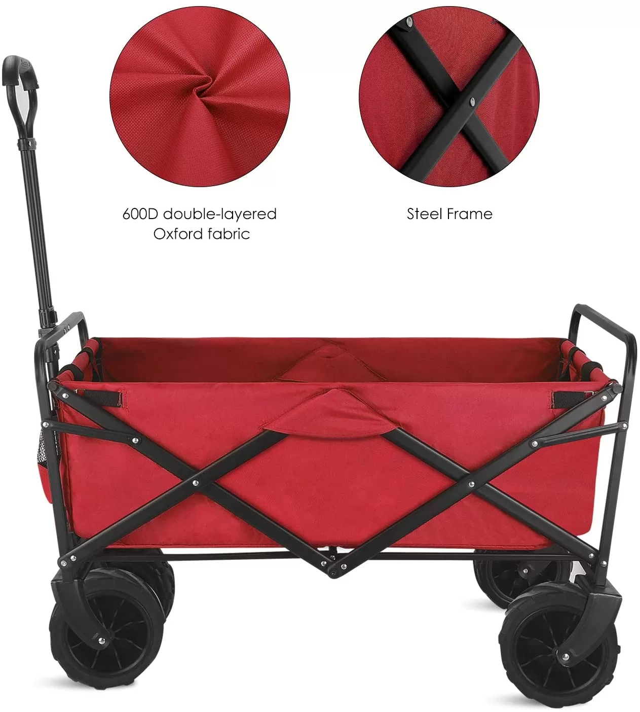 BAHOM Folding Collapsible Outdoor Utility Wagon Cart, Heavy Duty Garden Cart with All-Terrain Wheels and Carrying Bag ,Red