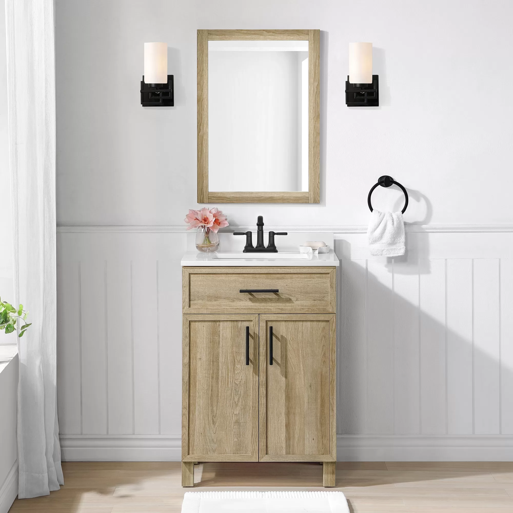 Style Selections Dolton 24-in Natural Oak Undermount Single Sink Bathroom Vanity with White Engineered Stone Top (Mirror Included) - Image 5