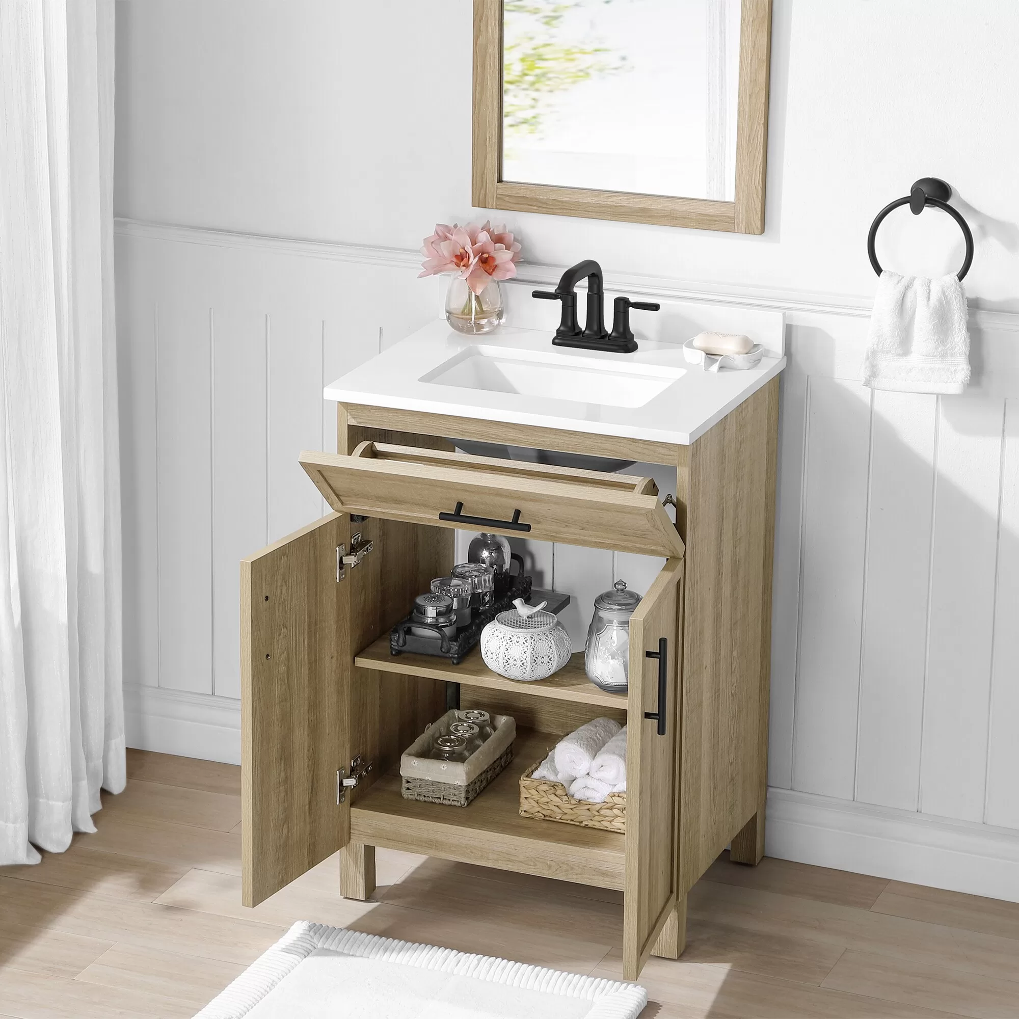Style Selections Dolton 24-in Natural Oak Undermount Single Sink Bathroom Vanity with White Engineered Stone Top (Mirror Included) - Image 8