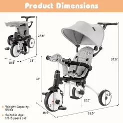 Infans 6-in-1 Folding Baby Tricycle Toddler Bike Stroller W/ Adjustable Handle Gray