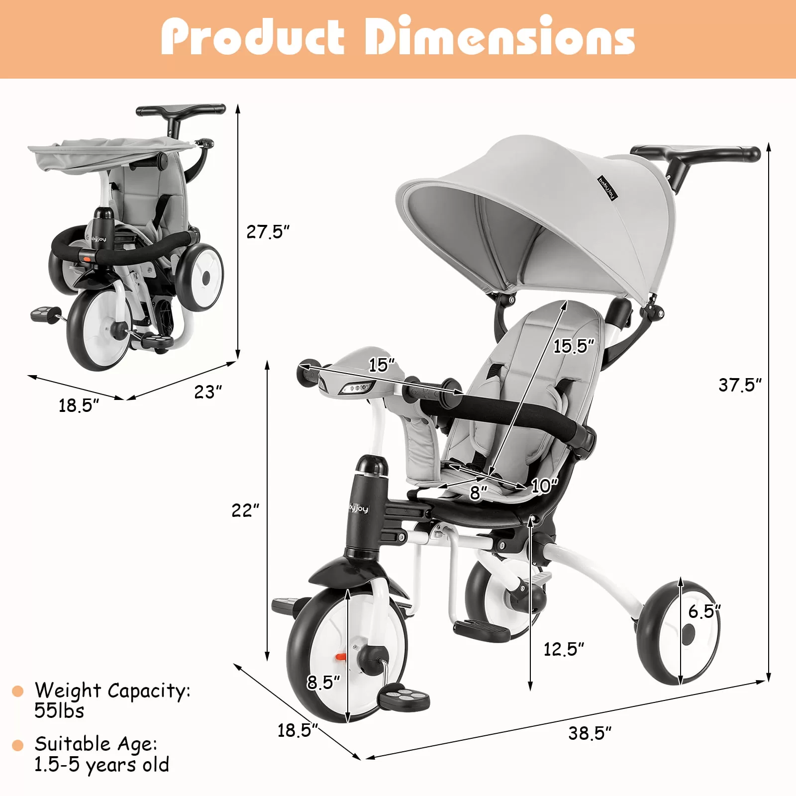 Infans 6-in-1 Folding Baby Tricycle Toddler Bike Stroller W/ Adjustable Handle Gray