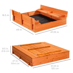 Best Choice Products 47x47-Inch Kids Wooden Outdoor Sandbox w/ 2 Foldable Bench Seats, Liner - Brown
