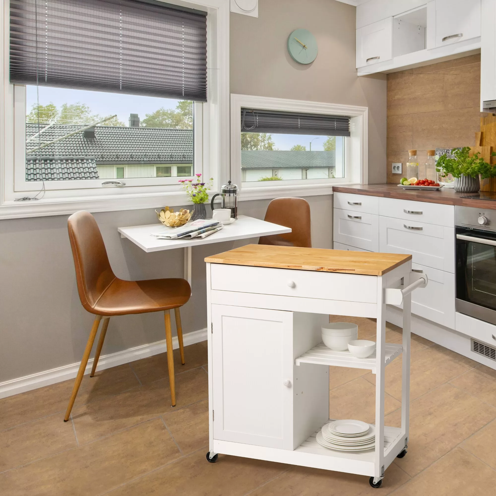 Glitzhome White Wood Base with Rubberwood Top Rolling Kitchen Island (17.24-in x 32.48-in x 34.45-in) - Image 3