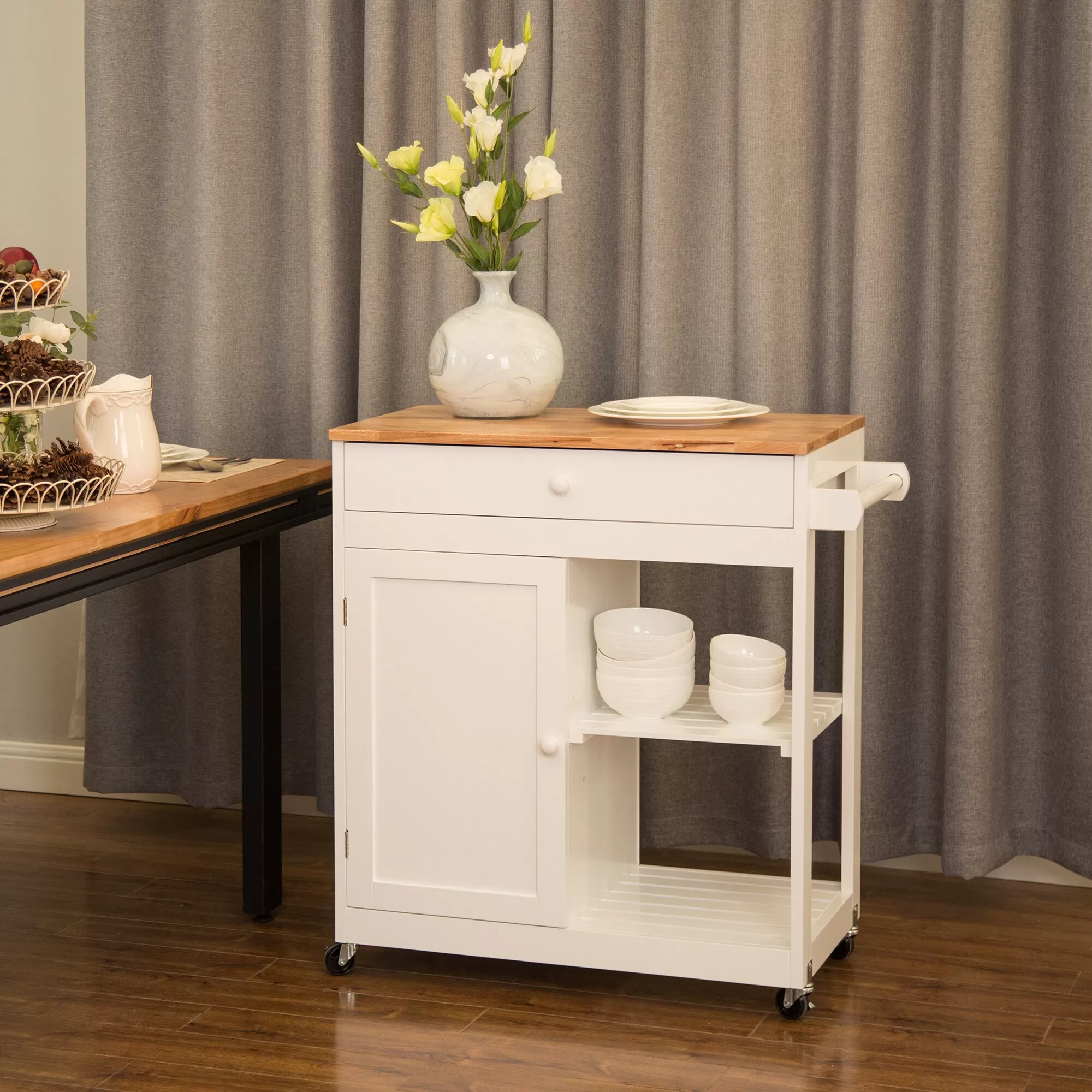Glitzhome White Wood Base with Rubberwood Top Rolling Kitchen Island (17.24-in x 32.48-in x 34.45-in) - Image 4