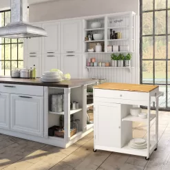 Alternative view of Glitzhome White Wood Base with Rubberwood Top Rolling Kitchen Island (17.24-in x 32.48-in x 34.45-in)