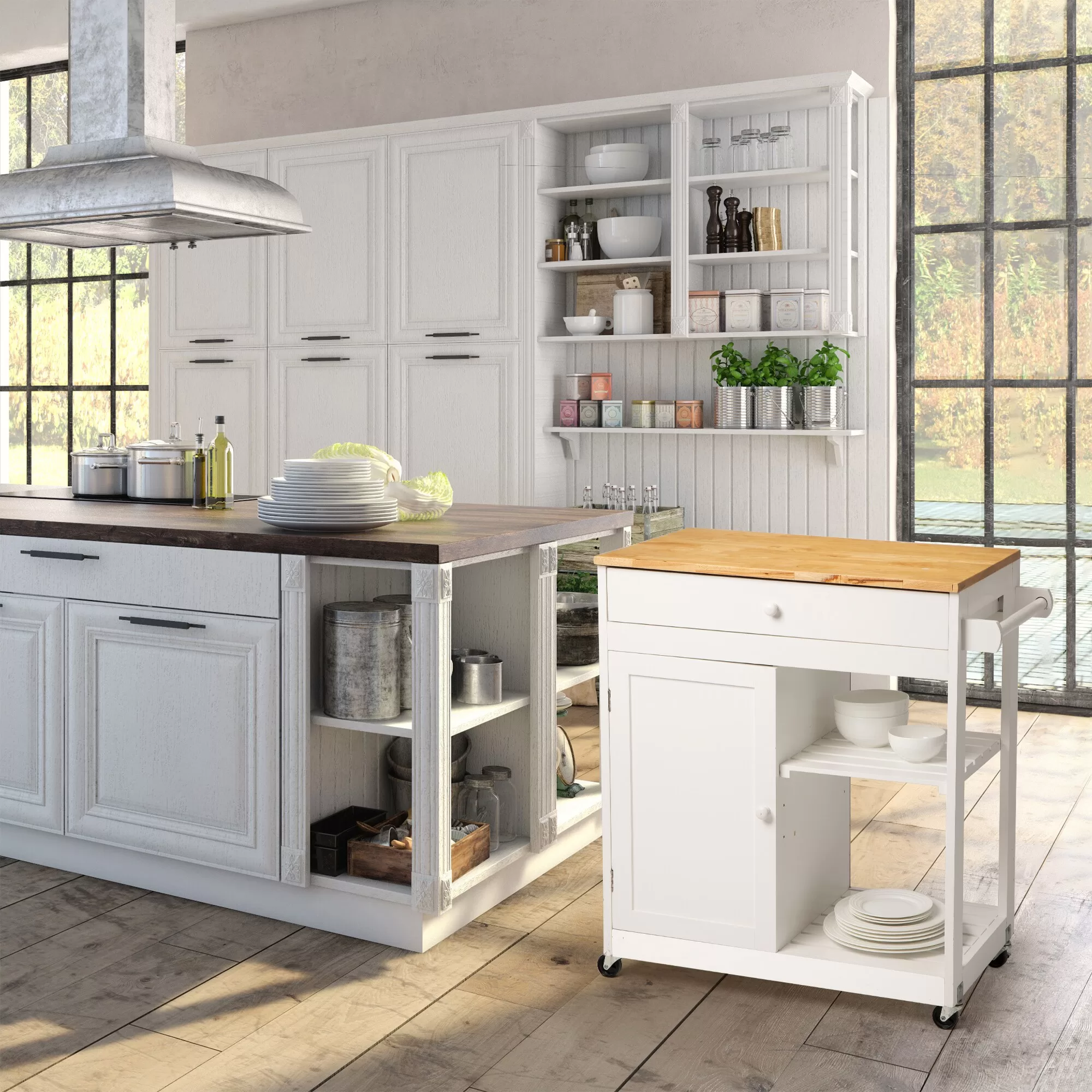 Glitzhome White Wood Base with Rubberwood Top Rolling Kitchen Island (17.24-in x 32.48-in x 34.45-in) - Image 2