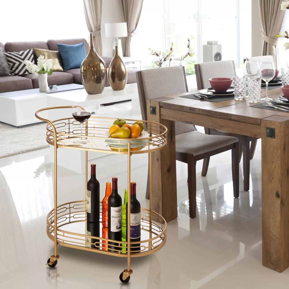 Glitzhome Gold Metal Base with Glass Top Rolling Kitchen Cart (17-in x 27-in x 30-in) - Image 2