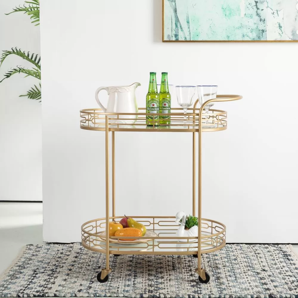 Glitzhome Gold Metal Base with Glass Top Rolling Kitchen Cart (17-in x 27-in x 30-in) - Image 10