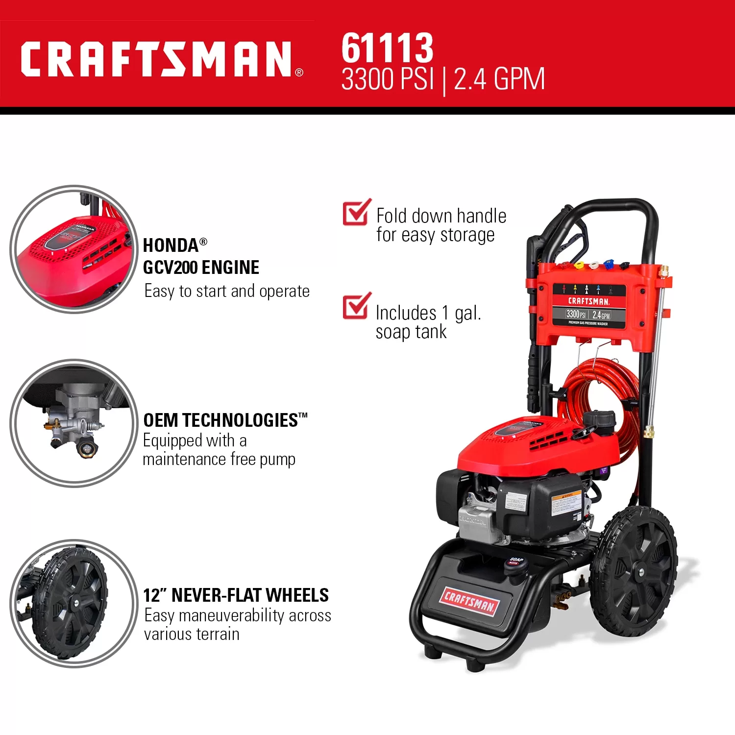 CRAFTSMAN CMXGWFN061113 3300 PSI 2.4-Gallon-GPM Cold Water Gas Pressure Washer (CARB) - Image 16