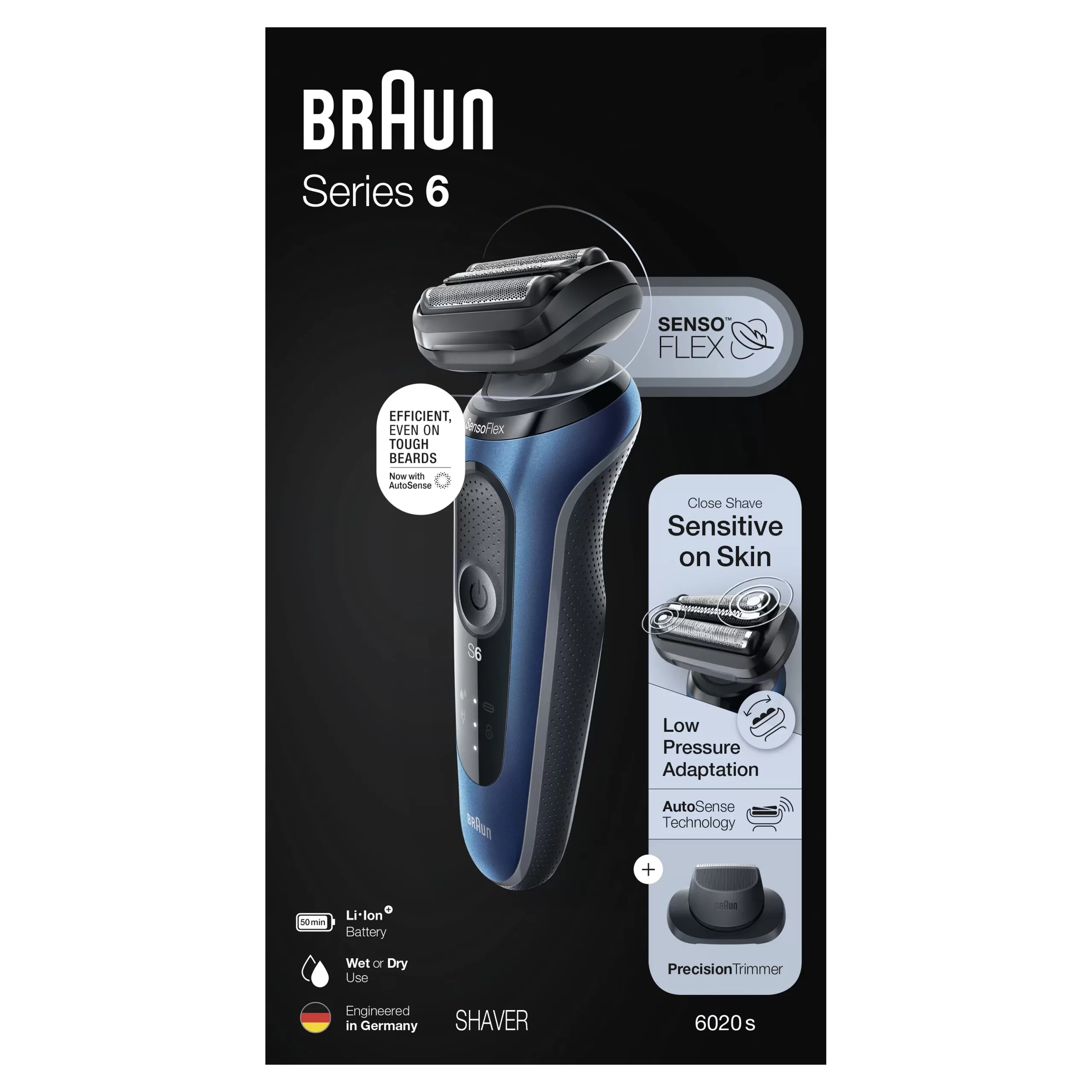Braun Series 6 6020s Rechargeable Wet Dry Men's Electric Shaver, Blue - Image 2