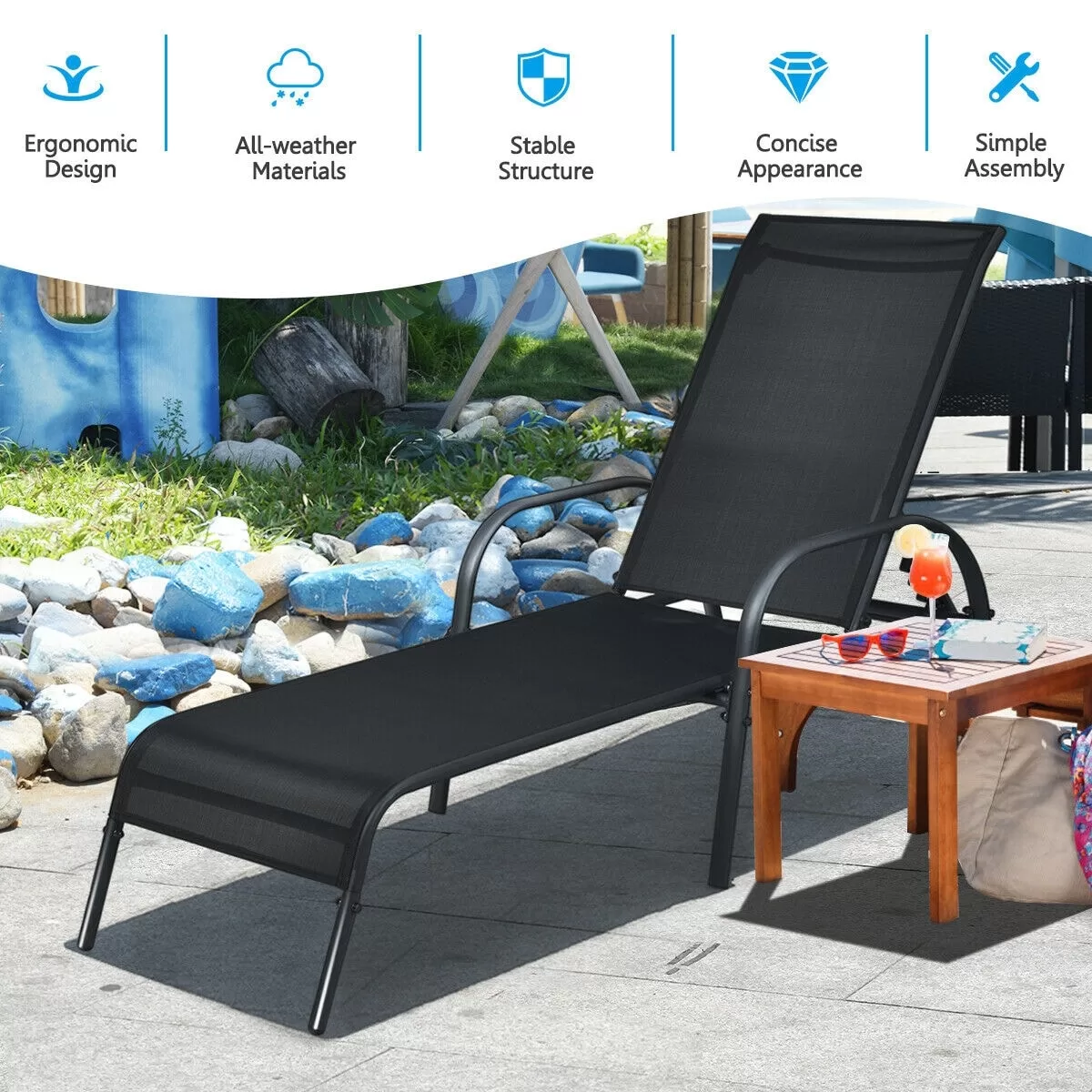 Clihome Outdoor Lounge Chair Black Metal Frame Stationary Chaise Lounge Chair(s) with Black Sling Seat - Image 10