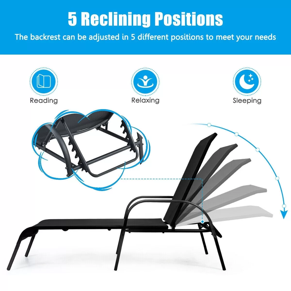 Clihome Outdoor Lounge Chair Black Metal Frame Stationary Chaise Lounge Chair(s) with Black Sling Seat - Image 8