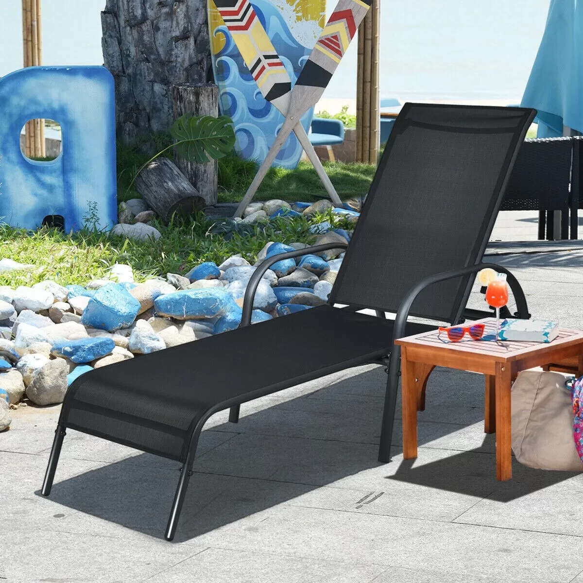 Clihome Outdoor Lounge Chair Black Metal Frame Stationary Chaise Lounge Chair(s) with Black Sling Seat - Image 3