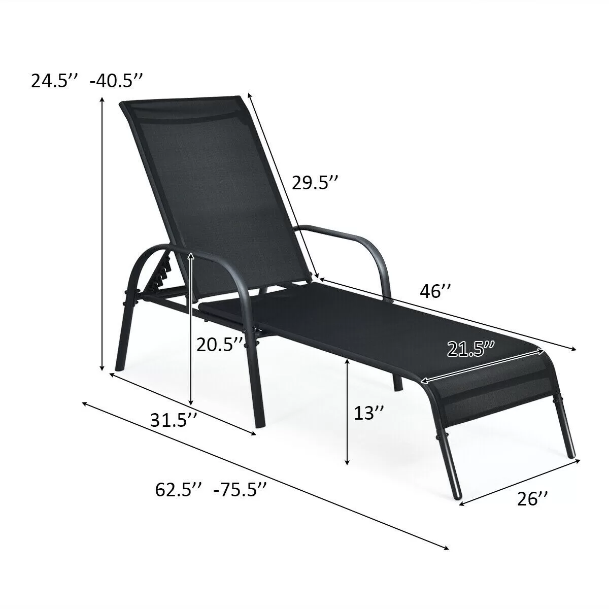 Clihome Outdoor Lounge Chair Black Metal Frame Stationary Chaise Lounge Chair(s) with Black Sling Seat - Image 5