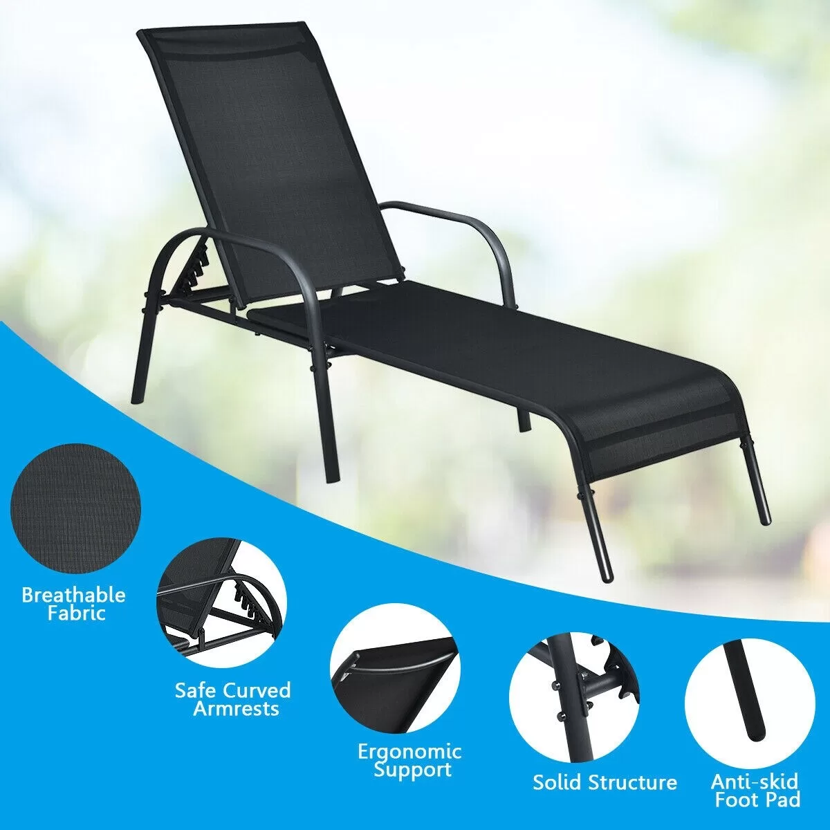 Clihome Outdoor Lounge Chair Black Metal Frame Stationary Chaise Lounge Chair(s) with Black Sling Seat - Image 7
