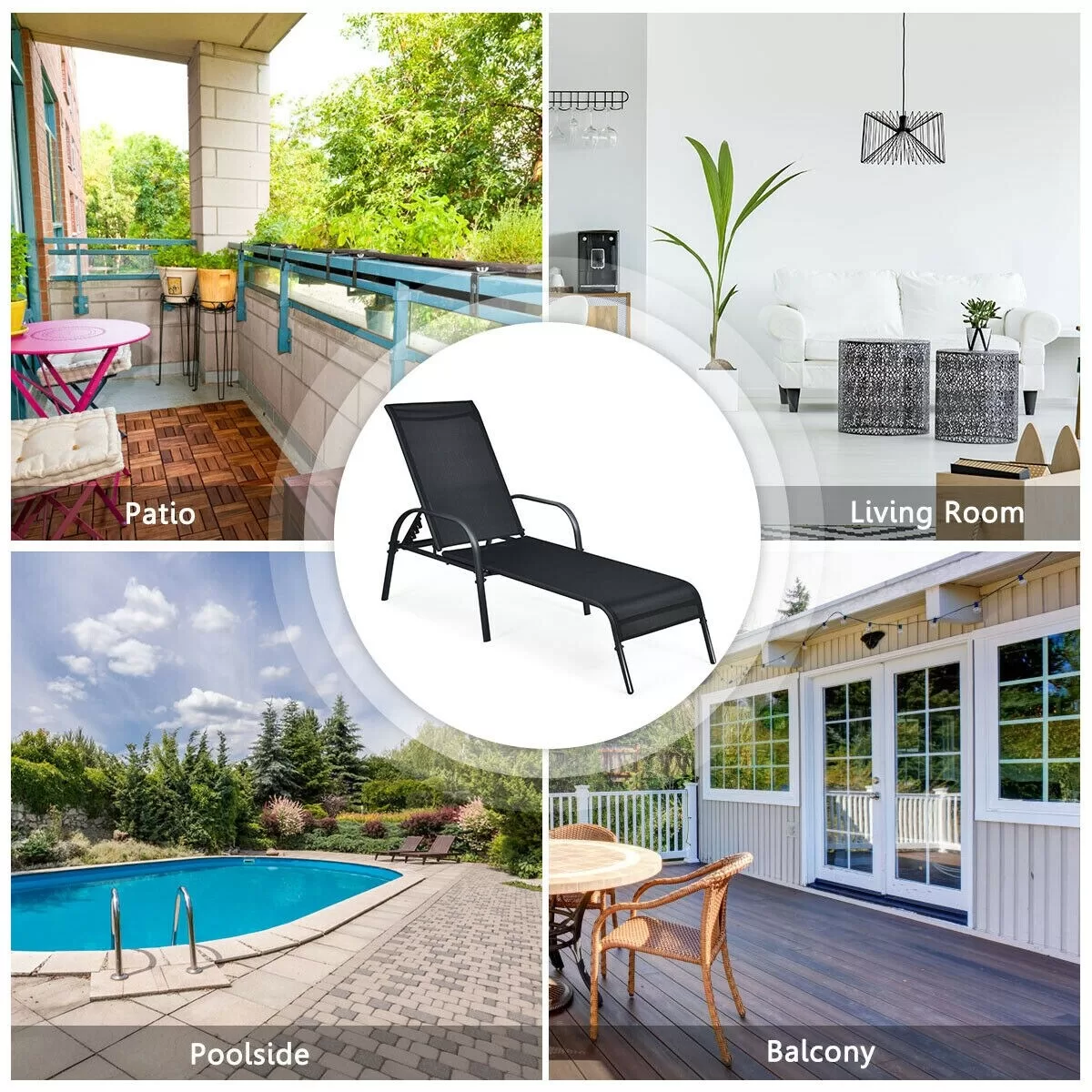 Clihome Outdoor Lounge Chair Black Metal Frame Stationary Chaise Lounge Chair(s) with Black Sling Seat - Image 9