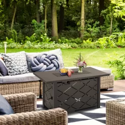 Outdoor Propane Fire Pit Table, 43 inch 60,000 BTU Auto-Ignition Outdoor Gas Fire Pit Tables with Glass Wind Guard, Lava Stone for Garden