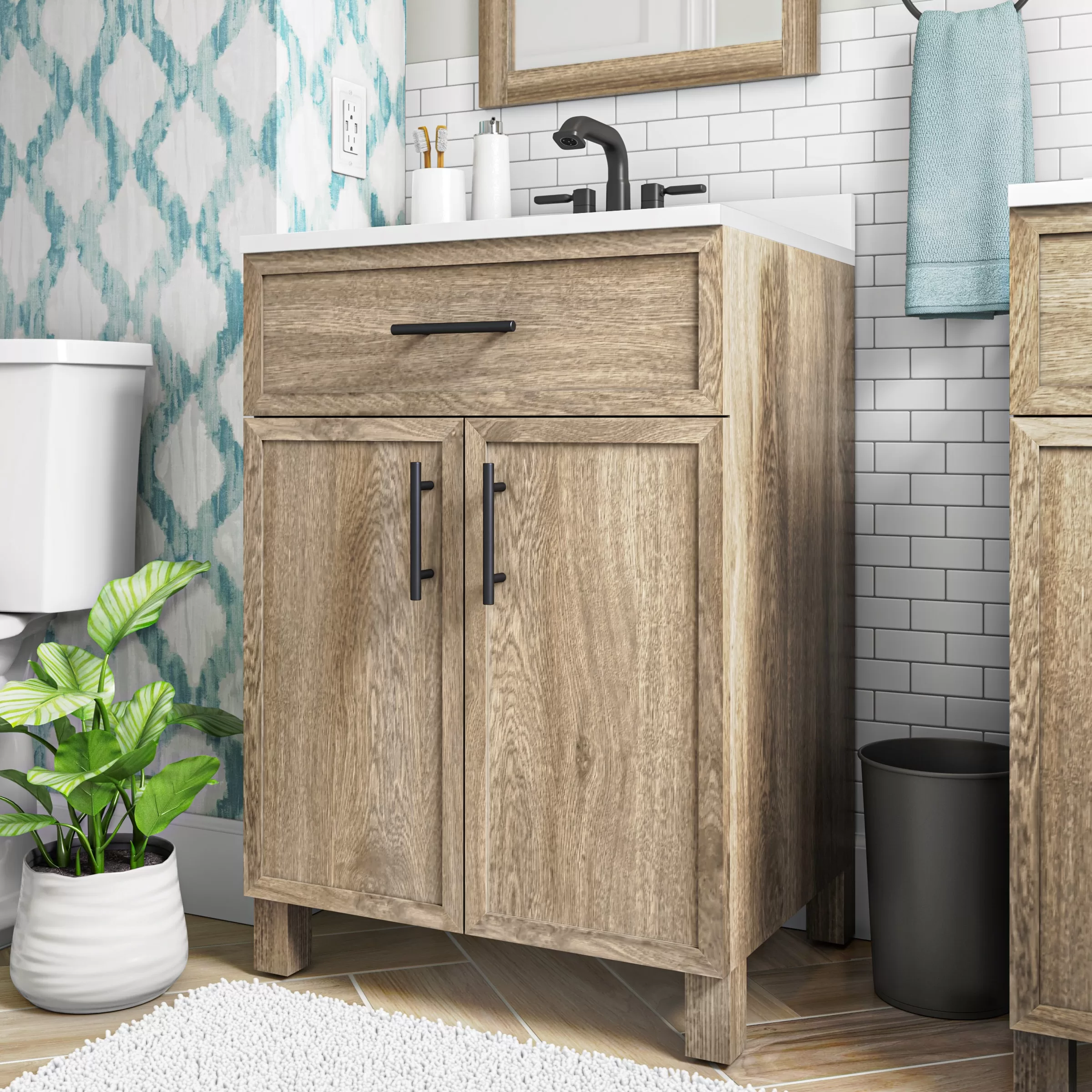 Style Selections Dolton 24-in Natural Oak Undermount Single Sink Bathroom Vanity with White Engineered Stone Top (Mirror Included) - Image 4