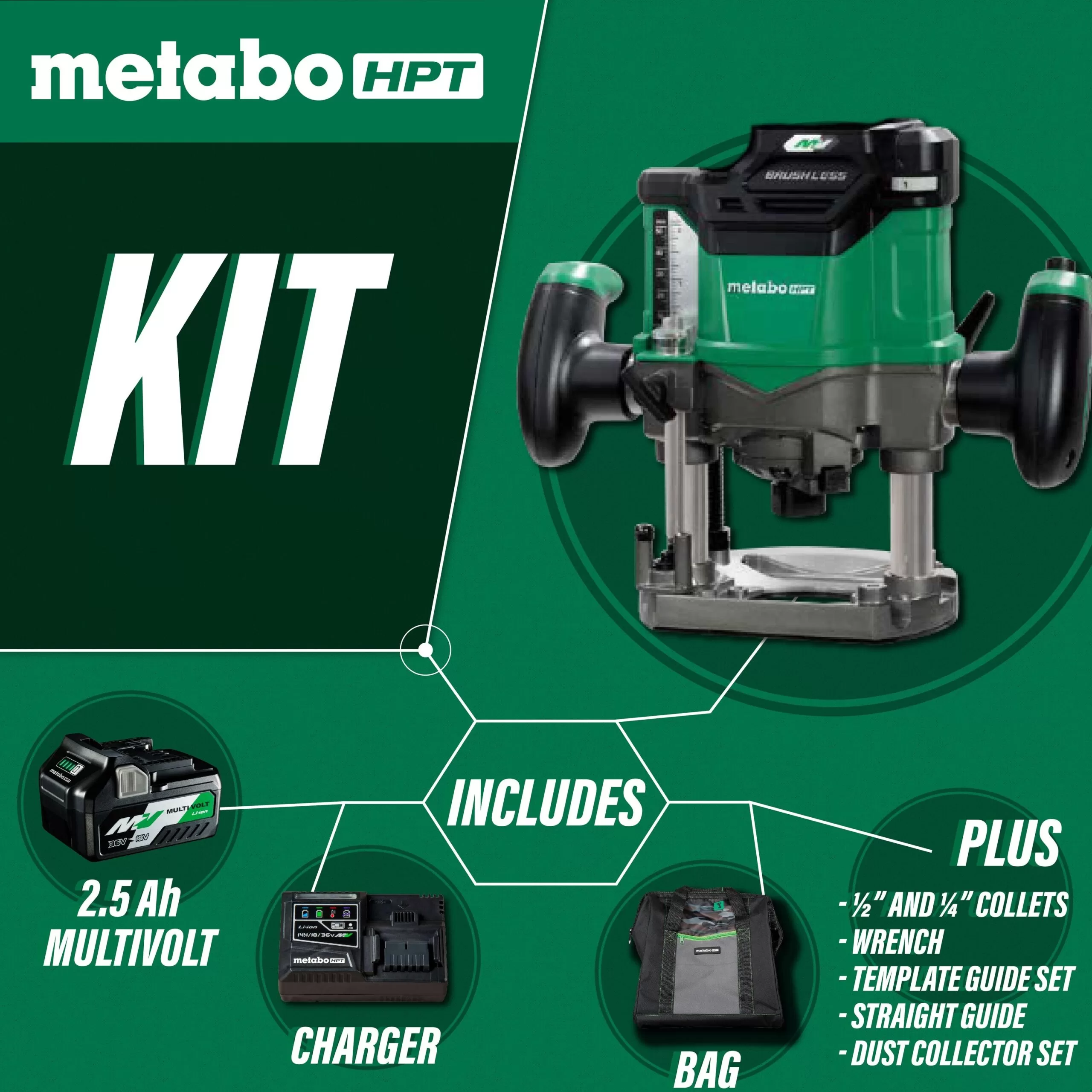 Metabo HPT MultiVolt 1/4-in and 1/2-in 2-HP Variable Speed Brushless Plunge Cordless Router Soft Case (Battery & Charger Included) - Image 3
