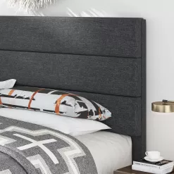 Allewie Queen Size Platform Bed Frame with Fabric Upholstered Headboard, Dark Grey