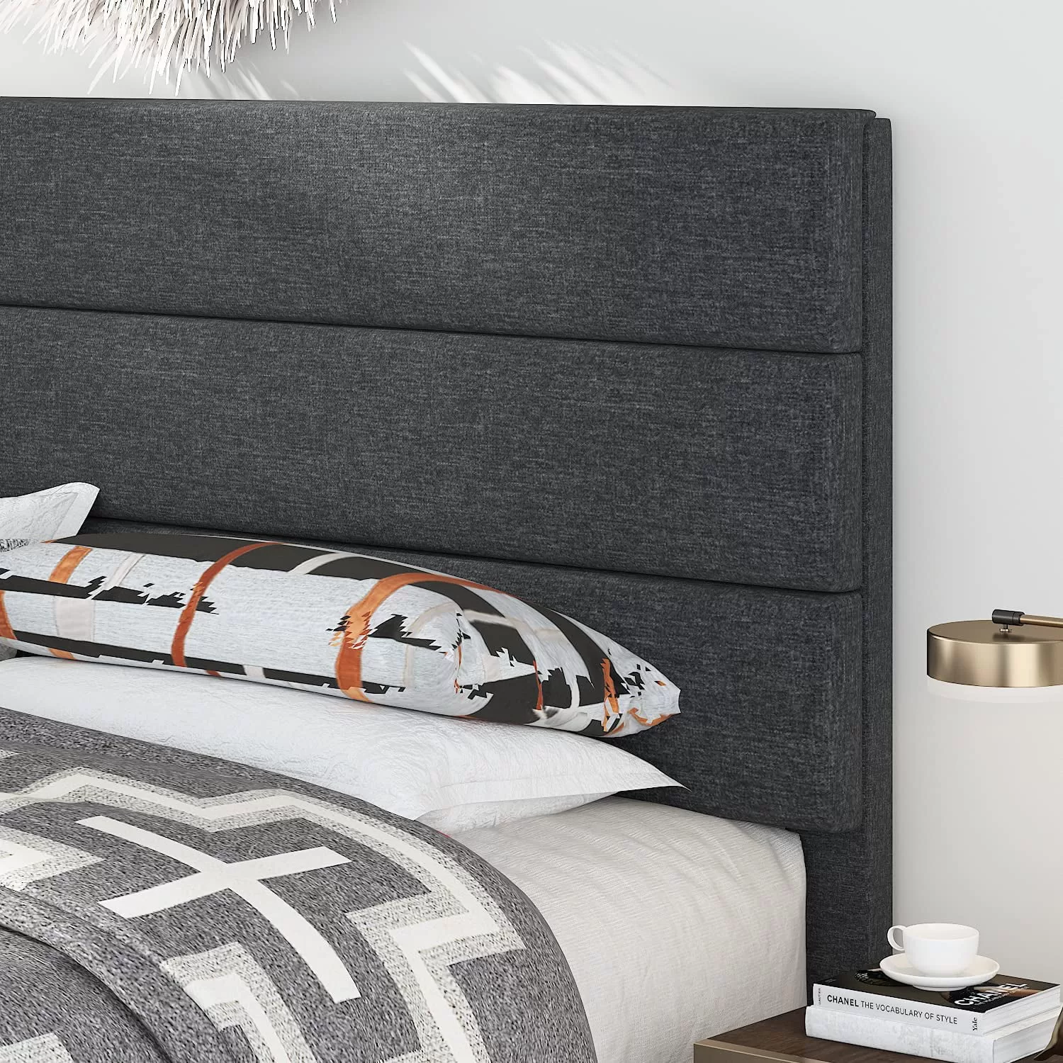 Allewie Queen Size Platform Bed Frame with Fabric Upholstered Headboard, Dark Grey