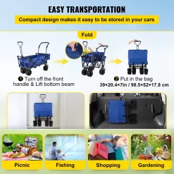 VEVORbrand Collapsible Wagon Cart Blue, Removable Canopy 600D Oxford Cloth, Portable Folding Wagon Adjustable Handles