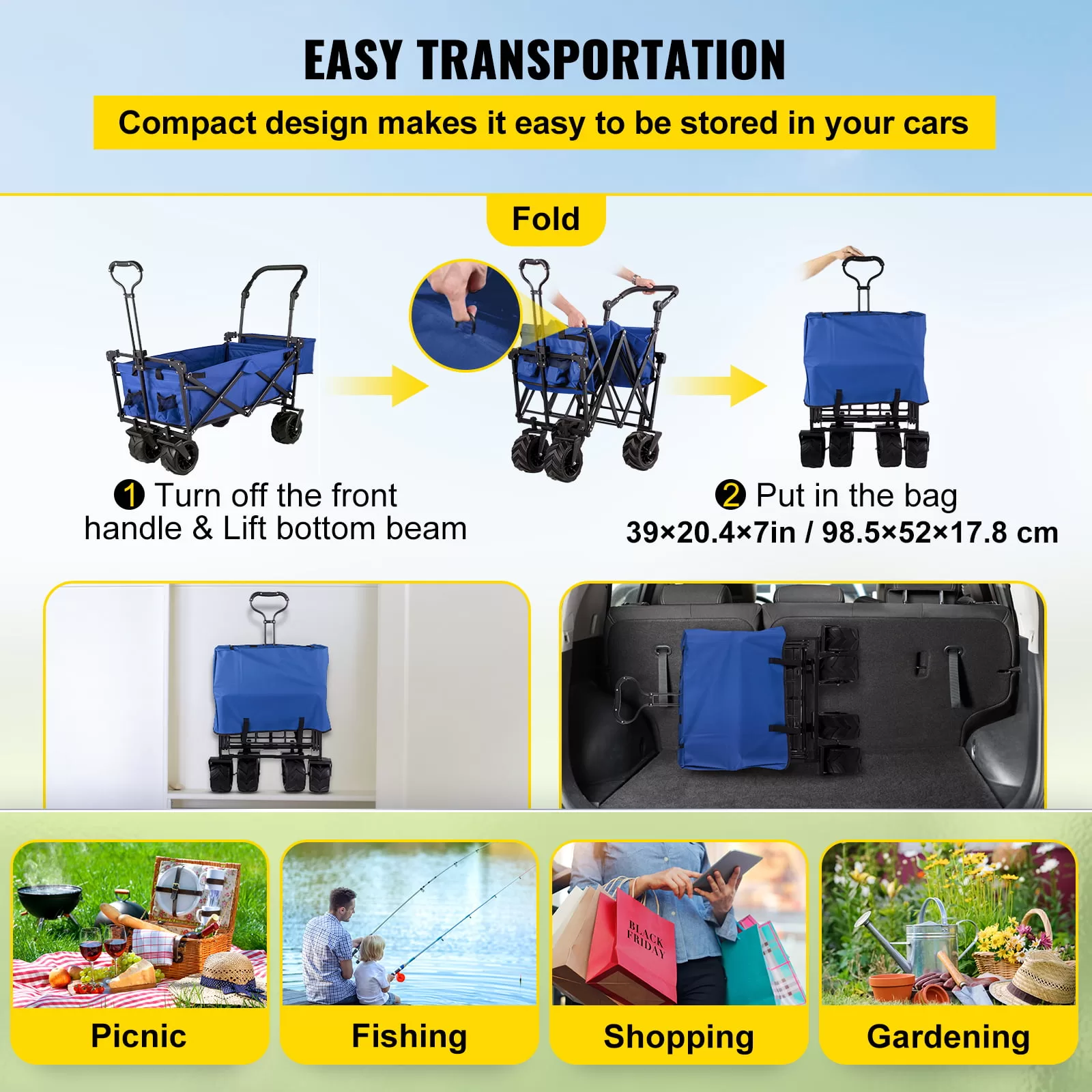 VEVORbrand Collapsible Wagon Cart Blue, Removable Canopy 600D Oxford Cloth, Portable Folding Wagon Adjustable Handles