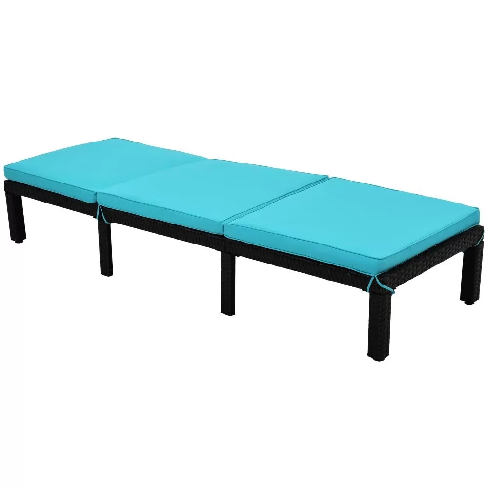 Clihome Chaise Lounge Chair Sun Bed Rattan Black Metal Frame Stationary Chaise Lounge Chair(s) with Blue Cushioned Seat - Image 3