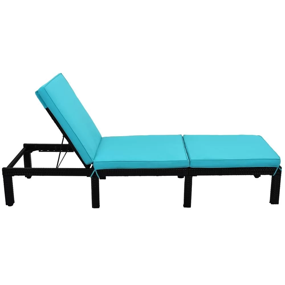 Clihome Chaise Lounge Chair Sun Bed Rattan Black Metal Frame Stationary Chaise Lounge Chair(s) with Blue Cushioned Seat - Image 4