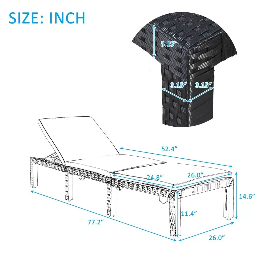 Clihome Chaise Lounge Chair Sun Bed Rattan Black Metal Frame Stationary Chaise Lounge Chair(s) with Blue Cushioned Seat - Image 8