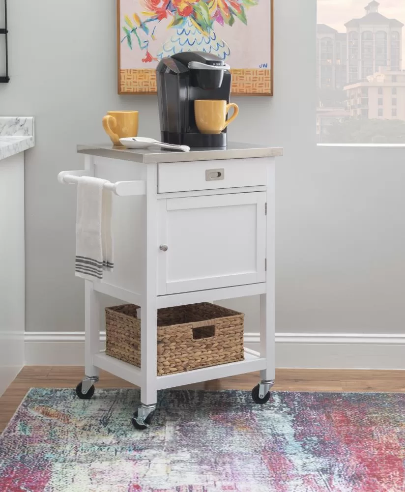Linon White Wood Base with Stainless Steel Metal Top Rolling Kitchen Cart (25.5-in x 18-in x 36-in) - Image 17